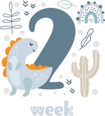 2 two week Baby boy anniversary card newborn metrics. Baby shower print with cute animal dino, flowers and palm capturing all special moments. Baby milestone card for newborn