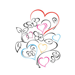 several stylized hearts with flowers, leaves and swirls. graphic decor