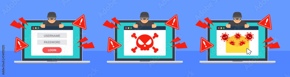 Poster collection of internet threats. concept of phishing or scam. data hacking. infected email with virus