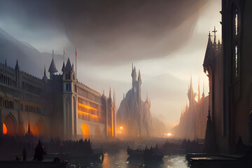 Gothic fantasy city with cathedrals, churches, towers, houses and king in mystic mist - catolic - medieval - goth