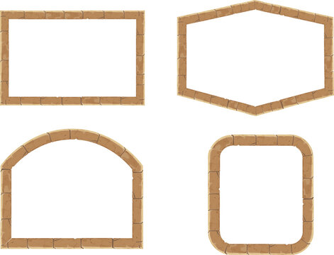 Set Stone brick frame border ancient medieval in cartoon style, isolated on white background. Game decoration, menu
