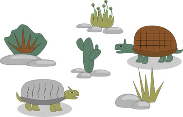 Seamless pattern with funny turtles and plants. Children vector - obrazy, fototapety, plakaty