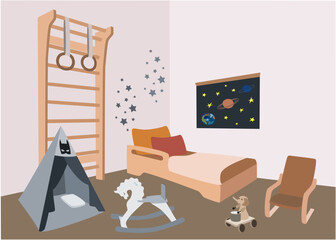 Obraz premium Children's room for a boy. Bedroom with furniture and toys. Children's room interior vector illustration. 