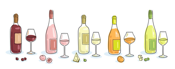 Set of five bottles of wine with glasses and snacks. Handmade picture in line style. Black contour with colored spots. Isolated on white background.  Vector flat illustration. Template for menu design