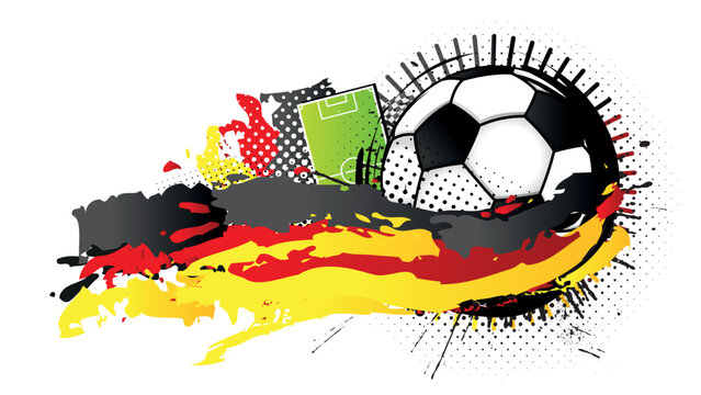 Black and white soccer ball surrounded by black, red and yellow spots forming the flag of Germany with a soccer field in the background. Vector image