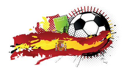 Black and white soccer ball surrounded by yellow and red spots forming the flag of Spain with a soccer field in the background. Vector image
