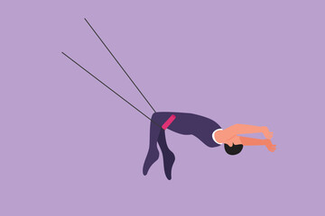 Character flat drawing young male acrobat performs on trapeze with legs hanging and head down while swinging hands. Brave and agile. Circus show event entertainment. Cartoon design vector illustration