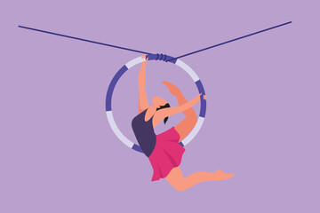Graphic flat design drawing female acrobatic performs on aerial hoop while dancing and has one leg raised near the back of her head. Circus show event entertainment. Cartoon style vector illustration © onetime