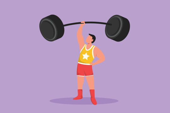 Cartoon Flat Style Drawing Of Bodybuilder Raised Barbell Or Dumbbell With Only One Hand. Healthy Strongman With Muscle Performance. Circus Show Event Entertainment. Graphic Design Vector Illustration