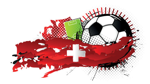 Black and white soccer ball surrounded by red and white spots forming the flag of Switzerland with a soccer field in the background. Vector image