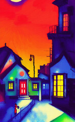 Fototapeta na wymiar Colorful vintage old houses at night digital painting art