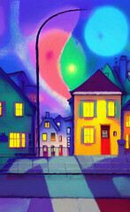 Colorful vintage old houses at night digital painting art