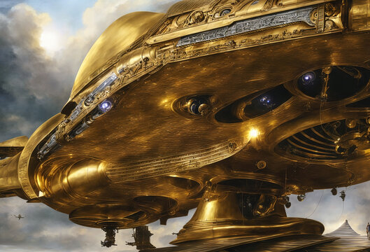 closeup of ancient hindu flying chariot or palast of gods vimana golden space ship with a sky background and clouds