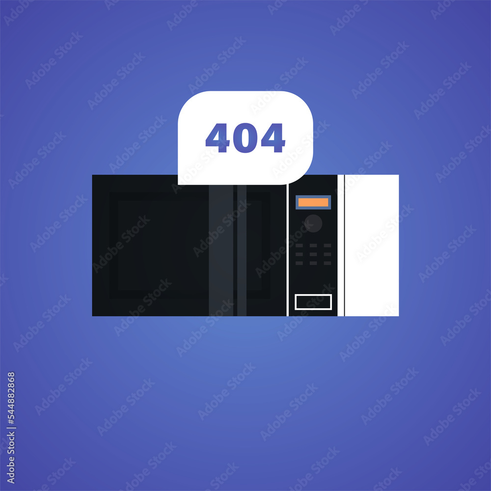 Poster microwave oven with page not found 404 error speech connection problem flat illustration.