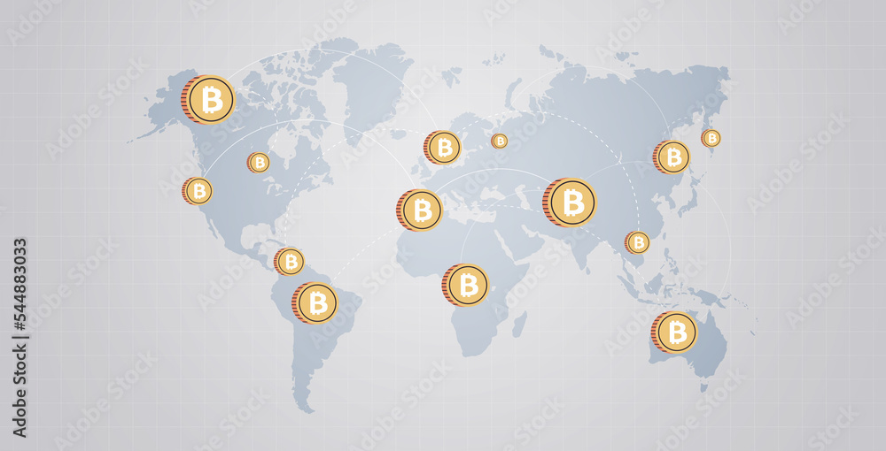 Poster Cryptocurrency blockchain icon virtual currency on world map and crypto concept horizontal flat illustration.	
