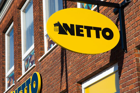 Netto supermarket logo front view in Ronne, Bornholm. Netto is a Danish discount supermarket operating in a few countries in Europe