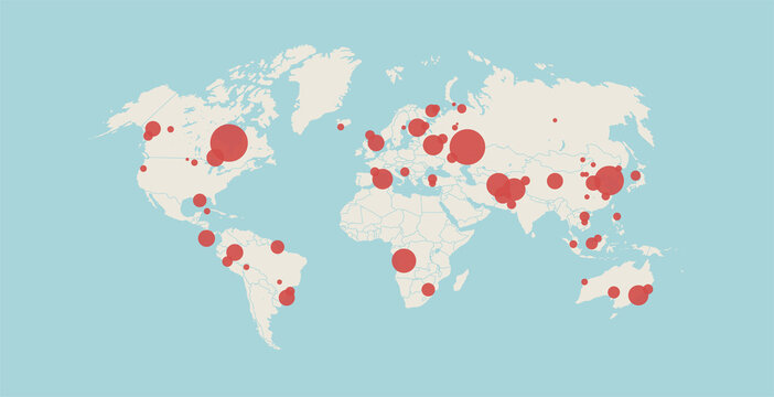 World map with location pins outbreak of coronavirus confirmed cases report worldwide globally infection epidemic mers-cov flu spreading floating influenza countries.
