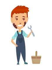 Kid profession repairman. Cartoon young person in professional uniform. Cute children occupation  illustration. Boy character in professions suit