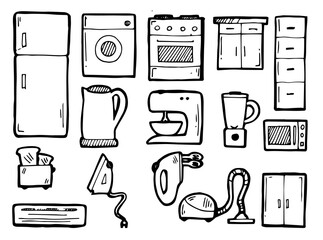 Old kitchen with furniture and items. Set of objects. Outline hand drawn sketch. Drawing with ink. Isolated on white background. Vector.