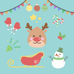 Elements to celebrate Merry Christmas: elk, snowmen, sleds, cannons and more