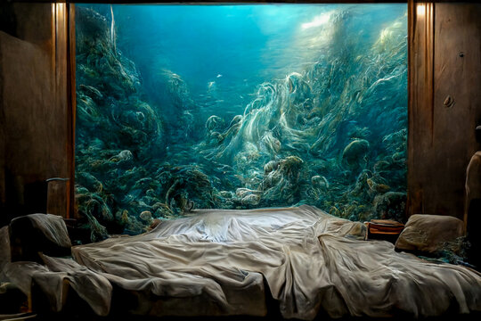 Abstract Render Bedroom with Ocean in the Background, Generative AI Illustration