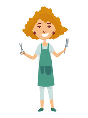 Kid profession hairdresser. Cartoon young person in professional uniform. Cute children occupation  illustration. Girl character in professions suit