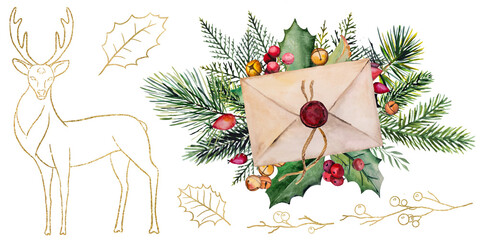 Fototapeta na wymiar Christmas Watercolor illustration with sealed envelope, fir tree branches, berries and bells