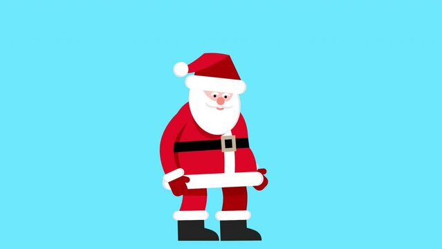 Santa Claus jumps onto the screen and waves his hand. Cartoon Santa welcomes. 2d animation.