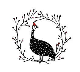 Vector card with hand drawn sweet guinea fowl in elegant floral wreath. Ink drawing, graphic illustration, heavy contour. Beautiful design elements