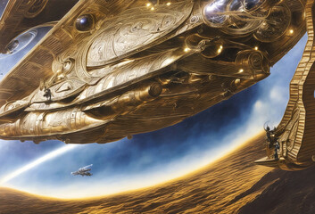 closeup of ancient hindu flying chariot or palast of gods vimana golden space ship with a sky background and clouds