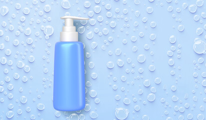 Cleanser for face cosmetics bottle with bubbles or water drops on blue background, 3d render mockup banner. Skin care cosmetic pump tube, facial cleansing product, lotion or micellar
