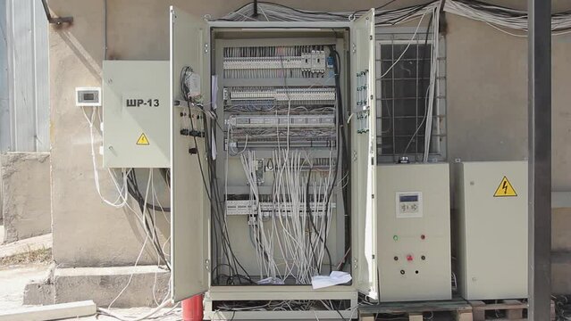 Electrical enclosure and switchboard cabinets with electronic equipment to mount switches knobs and displays. Cabinets with circuit breakers in house