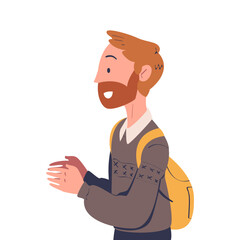 Obraz premium Smiling Bearded Man Character with Backpack at the Airport Boarding Plane Vector Illustration