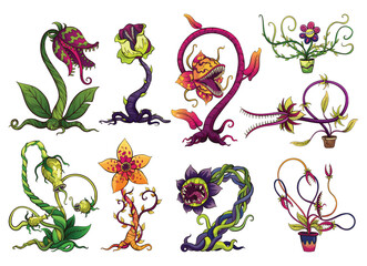 Carnivorous plant set. Cartoon flytraps or flower predators. Angry flowers with teeth. Monster plant icons. Vector illustration