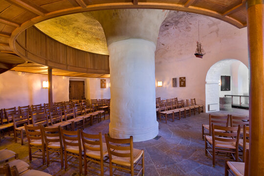 Interior of defensive round church in Olsker, Denmark. It is one of four round churches on the Bornholm island. Built about 1150, 26 meter high, considered the most elegant round church.