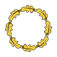 Round frame, wreath, yellow autumn oak leaf, leaf fall, copy space, vector cartoon