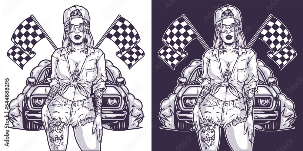 Canvas Prints girl car racer monochrome emblem