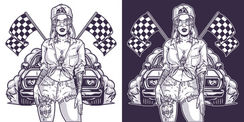 Girl car racer monochrome emblem - obrazy, fototapety, plakaty