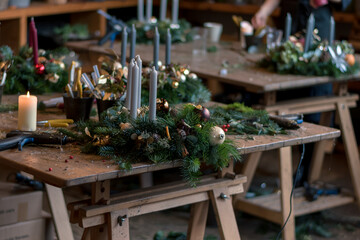 preparing traditional advent wreath with candles, baubles, natural components, pine fir and adorns