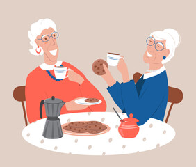 Two cheerful elderly women are sitting at a table and drinking coffee with cookies. The concept of longevity and an active lifestyle. Vector illustration in flat style