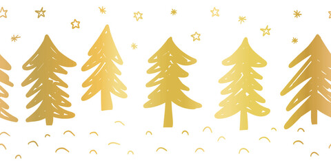 Seamless vector border gold foil doodle Christmas trees. Golden repeating Christmas tree pattern horizontal. Vector festive border for footer, header, divider, fabric trim. Elegant modern Christmas.