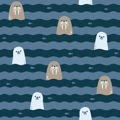Vector seamless pattern - abstract striped waves with walrus and fur seal - 544889060