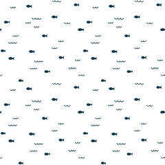 Vector seamless pattern with hand drawn waves and fish. Abstract background - 544889067