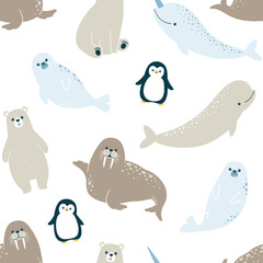 Vector seamless pattern with cute winter arctic animals - polar bear, penguin, fur seal, walrus, narwhal, beluga on a white background