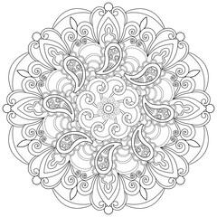 Colouring page, hand drawn, vector. Mandala 114, ethnic, swirl pattern, object isolated on white background.