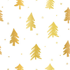 Golden abstract trees seamless vector pattern. Elegant gold foil Needle tree, forest, doodle hand drawn repeating background on white. Christmas trees modern for gift wrap, winter holiday decor.