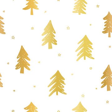 Golden abstract trees seamless vector pattern. Elegant gold foil Needle tree, forest, doodle hand drawn repeating background on white. Christmas trees modern for gift wrap, winter holiday decor.