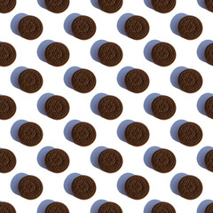 Continuous pattern of chocolate chip cookies with a shadow on a white background. Isolated