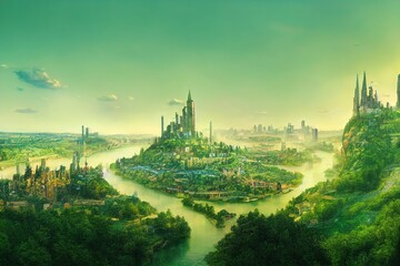Emerald City with yellow brick road and bridge across the river - obrazy, fototapety, plakaty