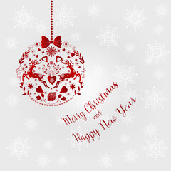 Greeting New Year's Christmas card, holiday greeting poster, many elements arranged: Christmas tree,angels, flowers, balls, hearts, bows. Red folk Scandinavian style. Stock illustration